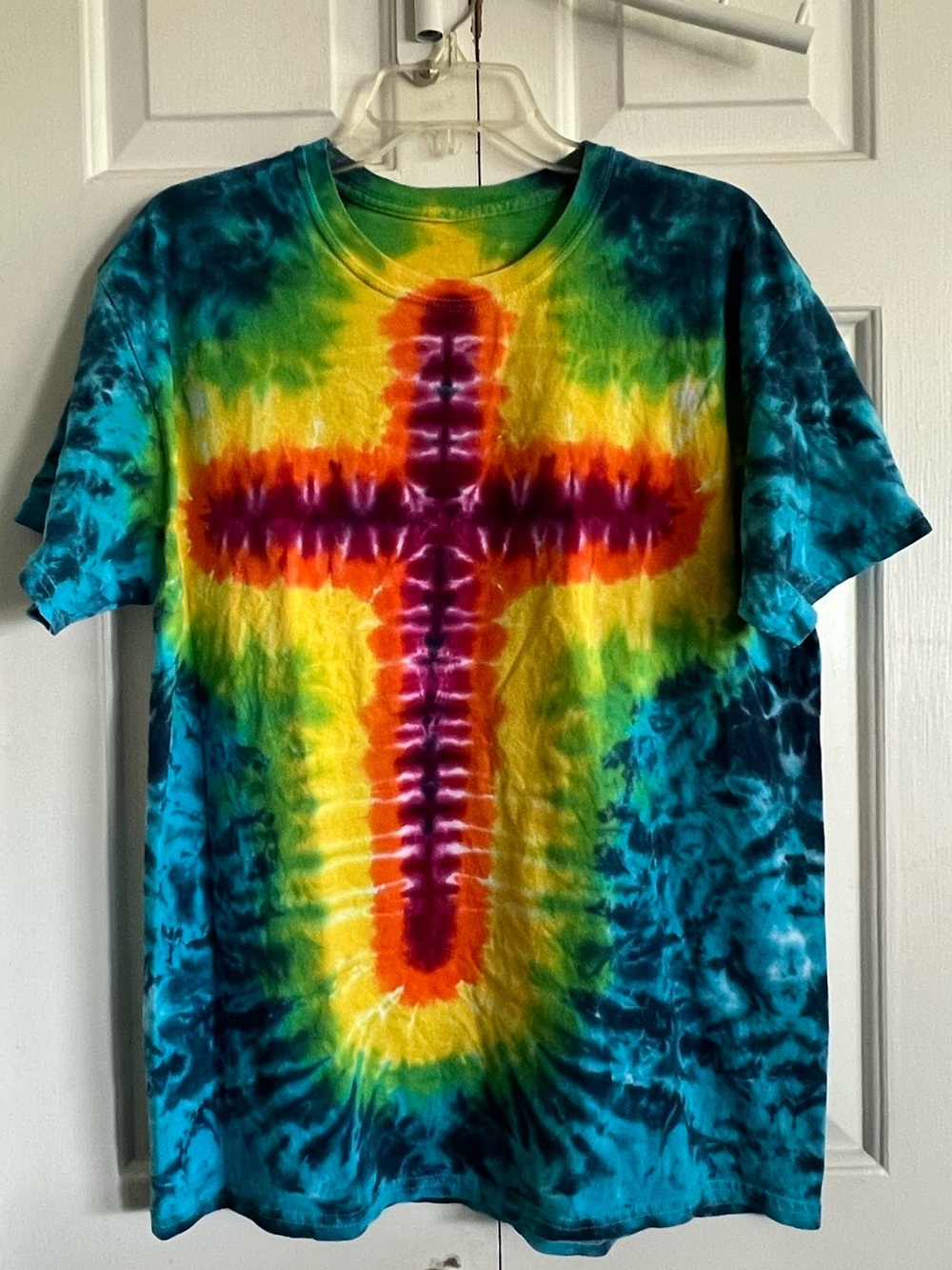 Vibrant Cross Tie-Dye, Short Sleeved Tee Shirt - Turquoise, Yellow, Red
